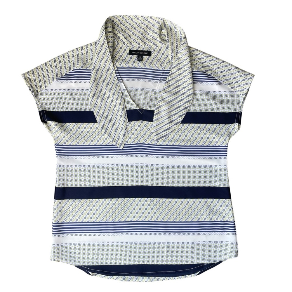 Striped Sleeveless Shirt with Scarf Tie | Navy and Green | Size XS